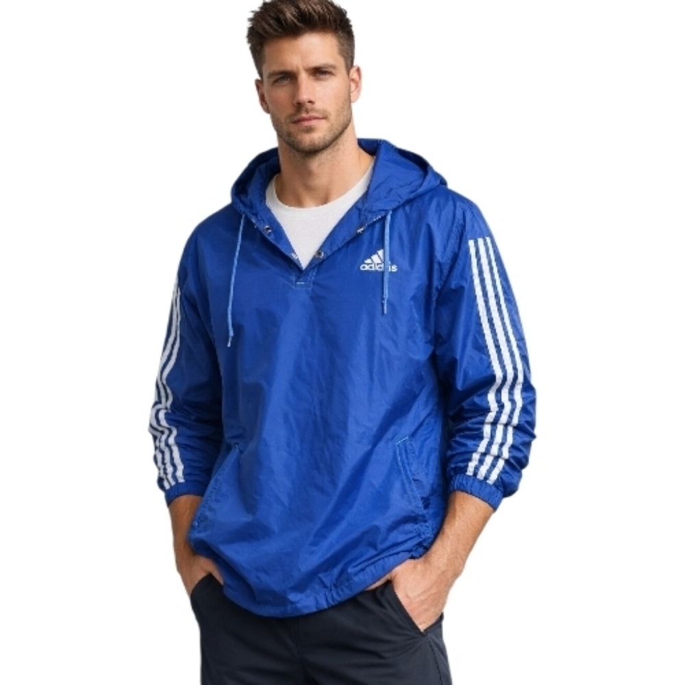 Adidas mens three stripe windbreaker Blue white hooded pullover Jacket xl vintag